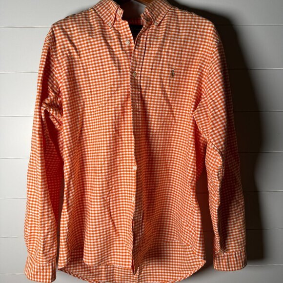 Ralph Lauren Custom Fit Sz XL Long Sleeve Shirt Orange White Check - Picture 1 of 6